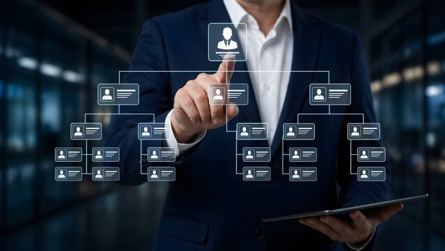 Corporate management concept with virtual organization chart and leadership structure display