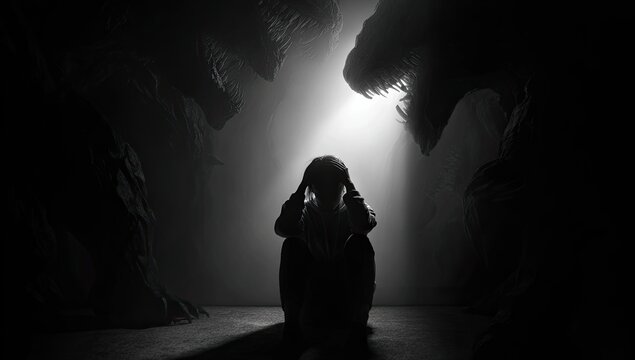 Silhouette of a child in distress surrounded by shadowy figures in a dark, smoky environment.