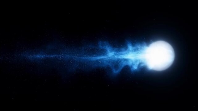 Glowing white sphere emitting a bright blue energy beam with particles streaking across a dark background, creating a dynamic sci-fi or abstract effect.