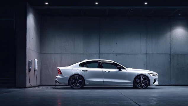 Sleek Silver Sedan Parked in Modern Industrial Garage with Dramatic Lighting.