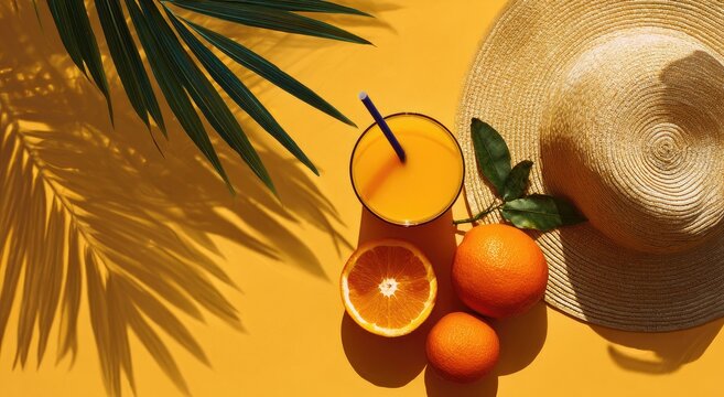 Refreshing Orange Juice and Citrus Fruits on a Sunny Yellow Background with Palm Leaves.