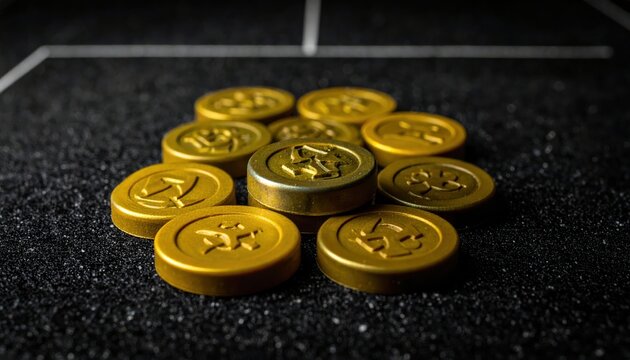 Stacked gold polymer tokens with embossed faction symbols resting on a dark textured surface, showcasing tabletop board game components and fantasy strategy gaming accessories.