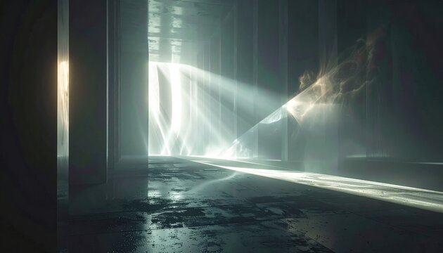 Quantum superposition visualization featuring bright light beams crossing through a dark corridor to represent complex physical theories and cosmic phenomena in a mysterious setting.