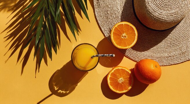 Refreshing Orange Juice and Summer Hat on Yellow Background.