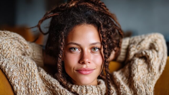A woman confidently poses with her dreadlocks styled in a creative manner, showcasing individuality, beauty, and cultural expression in a cozy and inviting atmosphere.