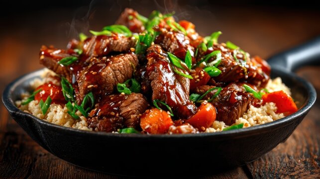 A steaming platter of savory stir-fried beef combined with fresh vegetables and garnished with green onions, representing a blend of flavors and home-cooked comfort food.
