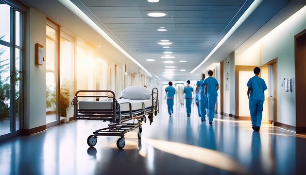 hospital corridor with medical professionals a blurred scene captures the hushed activity of a hospital corridor with silhouettes of doctors and medical staff and an empty gurney