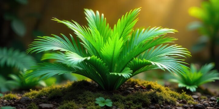 Vibrant Green Palm Frond Plantlet in a Lush, Mossy Environment Illuminated by Gentle Sunlight