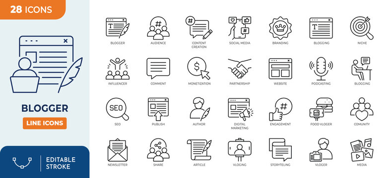 blogger icon set. Contain icons related to Content creation, blogger, influencer, social media, seo, digital marketing, branding, article, and more. Editable stroke. Vector illustration