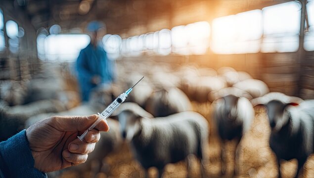 Veterinarian Administering Injection to Sheep in Barn.