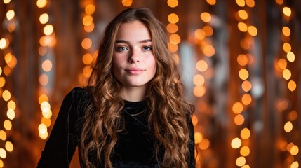 Fototapeta premium A captivating portrait of a young woman with long hair, set against a backdrop of bright bokeh lights, reflecting warmth and charm in a stylish setting.