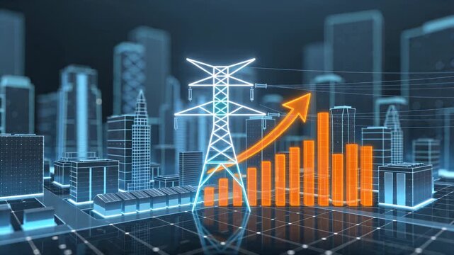 Rising orange bar graph and arrow animation over digital city grid with power line tower. Smart grid technology and energy consumption analytics concept. Lockdown shot.