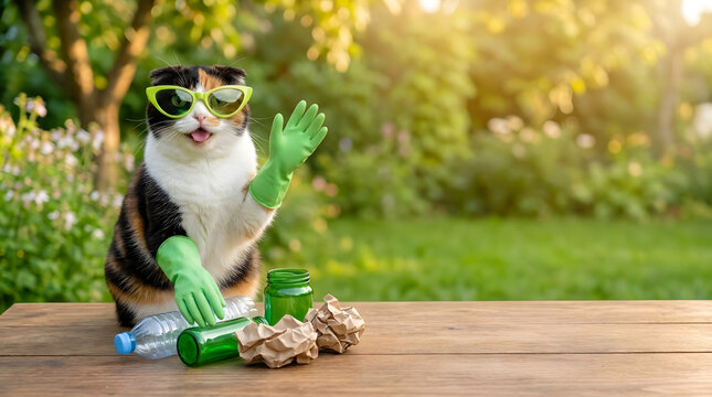 Funny calico cat wearing sunglasses and green rubber gloves waving paw while sorting recycling waste on wooden table in sunny summer garden
