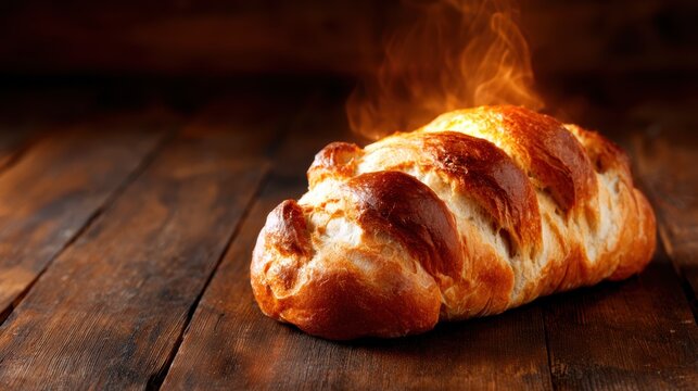 A freshly baked loaf of bread emerges from the oven, wafting its warm, inviting aroma, illustrating the simple pleasures of homemade cooking and comfort food.