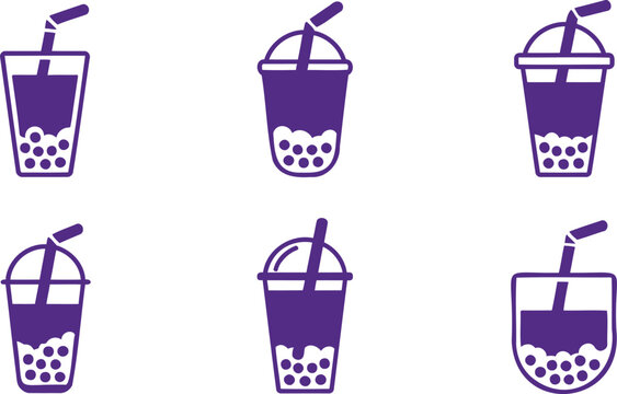 Purple bubble tea icons with straws and boba in cups with lids on white background  various views