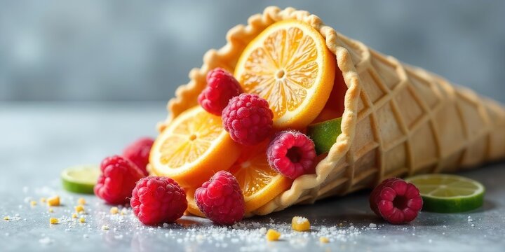 A waffle cone overflowing with vibrant citrus segments and plump raspberries, sprinkled with sugar, creating a delightful summery still life