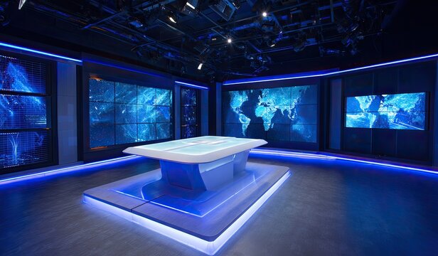 Modern futuristic news studio with large screens and glowing blue lights.
