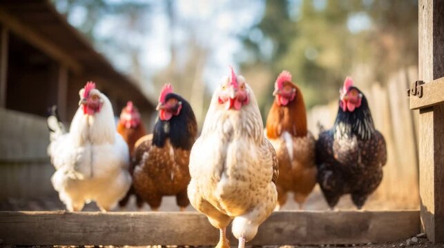 Colorful Hens in Rustic Farm Environment