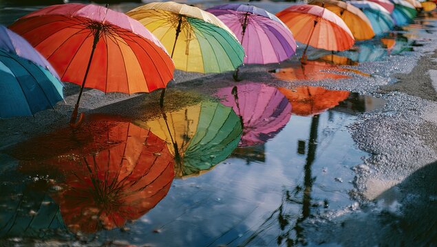Colorful Umbrellas Reflected in Puddle After Rain.
