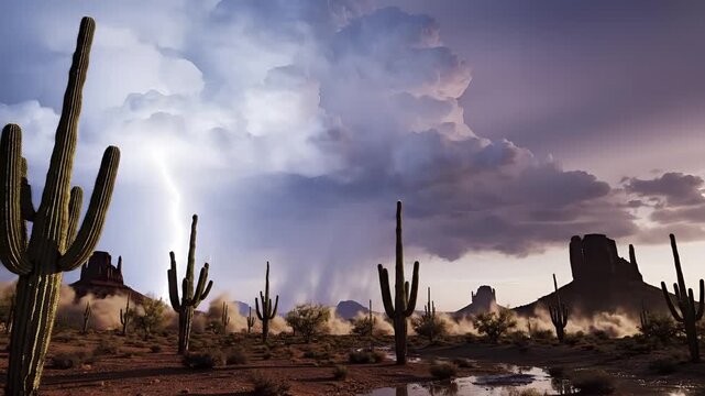 Dramatic Desert Thunderstorm with Lightning Strikes Over Saguaro Cacti Landscape.
