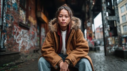 Obraz premium A portrait of a fashionable young woman seated in an urban environment adorned with street art, capturing the spirit of modern individuality and creative expression.