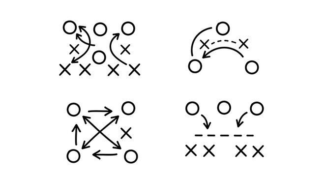 Hand drawn soccer tactics sketches on whiteboard, coaching diagrams with circles and crosses, strategic play patterns for sports team, tactical plan for attacking and defending in football games