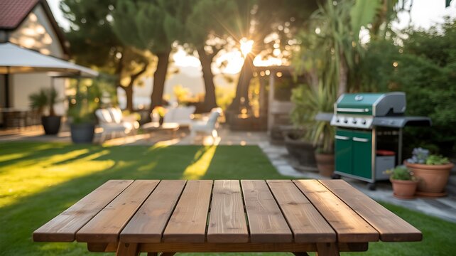 Wooden table top on backyard lawn with green grill and patio furniture