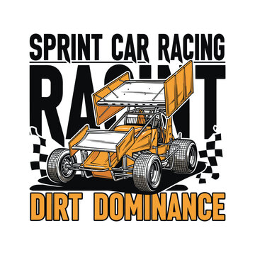 Sprint car racing on dirt track with checkered flags and dominant design