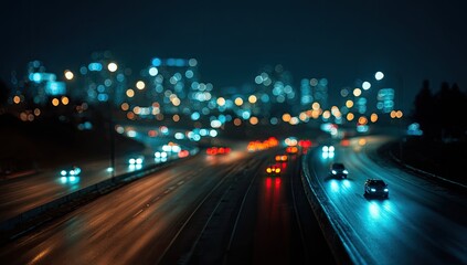 Obraz premium Blurred Cityscape at Night with Traffic Lights and Car Trails.