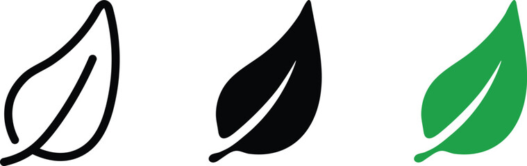 Three leaf icons in outline solid black green colors with environment illustration minimalist vegetation botanical collection variations © Siddik