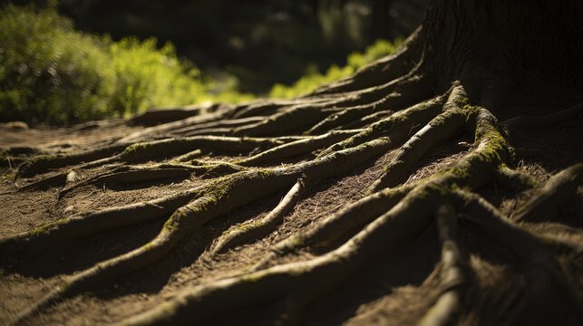 Tree Roots with Nitrogen-Fixing Nodules Closeup, Natural Light Highlighting Organic Textures, Soil Grain, Botanical Detail, Forest Ecology