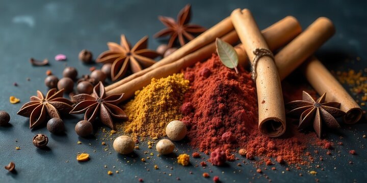 Aromatic blend of cinnamon sticks, star anise, and vibrant red and yellow spice powders