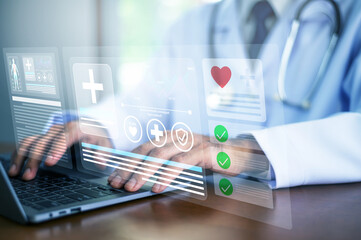 Naklejka premium Doctor using computer AI technology to support patient care, health data management and insurance processing.