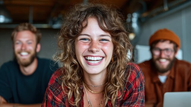 A lively photograph capturing three friends smiling joyfully together, showcasing camaraderie and happiness in a relaxed modern workspace environment.
