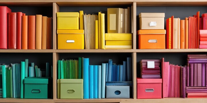 Colorful Books and Storage Boxes Arranged Neatly on Wooden Shelves.