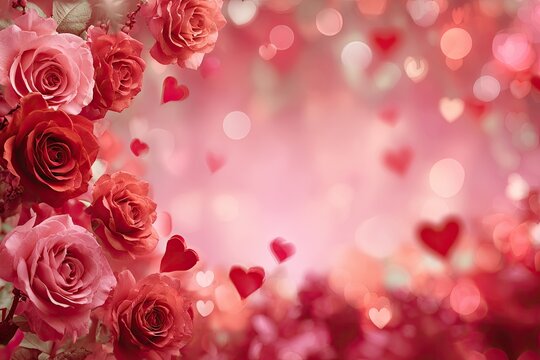 Beautiful Romantic Red and Pink Roses with Hearts Background.