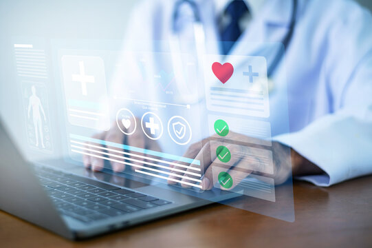 octor using computer AI technology to support patient care, health data management and insurance processing.