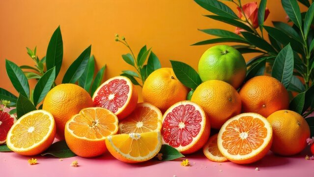 A vibrant still life featuring a profusion of citrus fruits, including juicy oranges, ruby red grapefruits, and a lime, artfully arranged amongst lush green leaves on a pink surface.