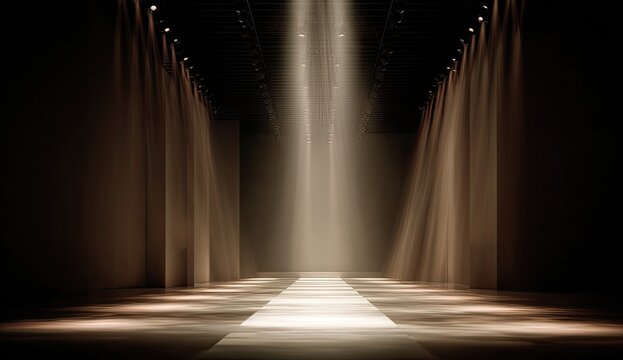 Illuminated Fashion Runway Stage with Dramatic Spotlights and Haze.