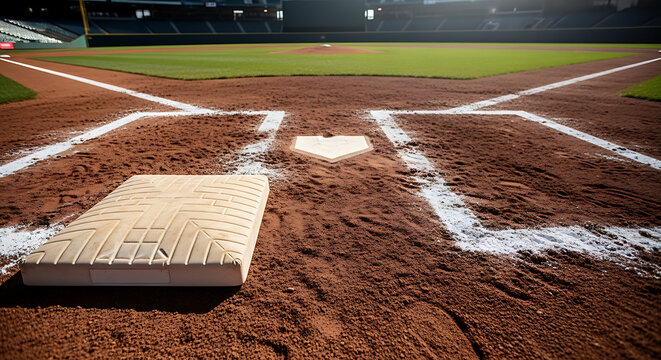 A close-up view of a baseball field's infield, showing first base, home plate, and the pitcher's mound under stadium lights.