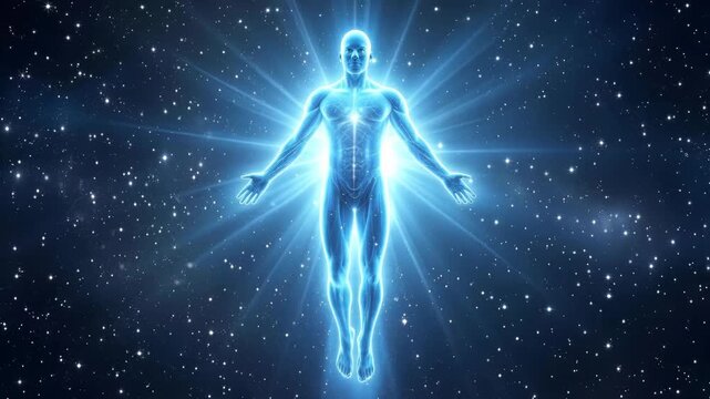 Glowing celestial figure floating in deep space. Luminous human silhouette with radiating light beams and heart center. Lockdown wide shot.