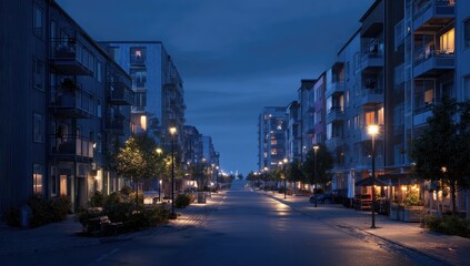 Obraz premium Modern Apartment Buildings Lined Street at Dusk with Warm Lights.