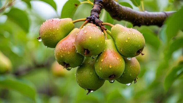 Cluster of green pears with water droplets on a branch after rain.