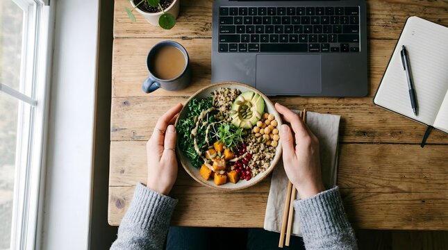 Person eating healthy food at desk.