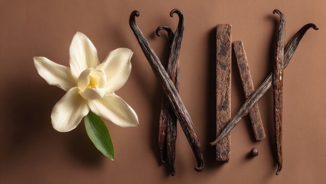 Vanilla Orchid Flower and Dried Pods on Brown Background.