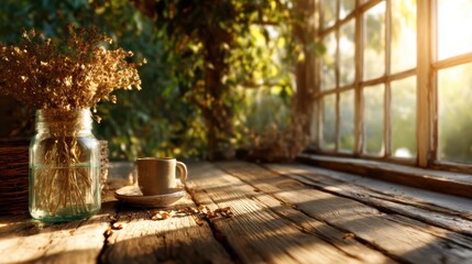 Fototapeta premium A warm, inviting scene featuring a jar of dried flowers and a coffee mug bathed in soft sunlight, evoking a sense of tranquility and comfort in a rustic indoor setting.