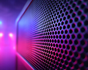 Obraz premium Close up center composed shot of black metal speaker grille with hexagonal holes illuminated by vibrant purple and pink stage lights creating