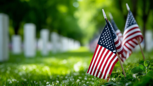 American flags placed on the tombs of veterans at a national military cemetery, Memorial Day tribute concept, patriotic remembrance photography, with copy space