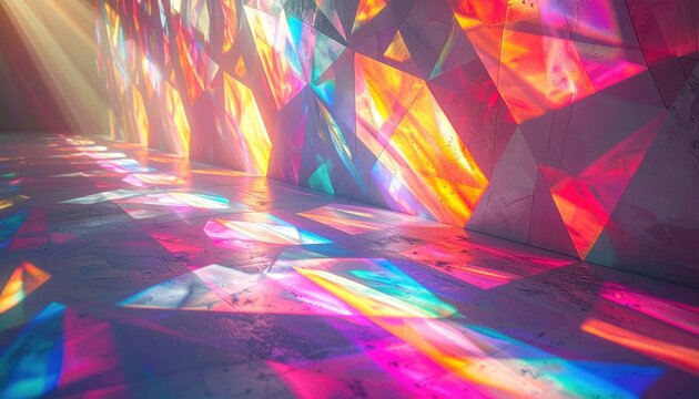 Vibrant and glowing abstract representation of quantum superposition shown through a shifting kaleidoscope of colorful light refractions and geometric patterns across a surface.