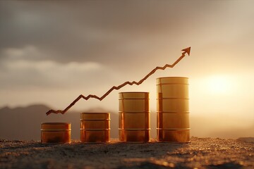 Obraz premium Rising Oil Prices Graph with Barrels and Upward Trend Arrow.